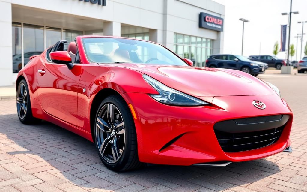 Red sports coupe parked on dealership pavement