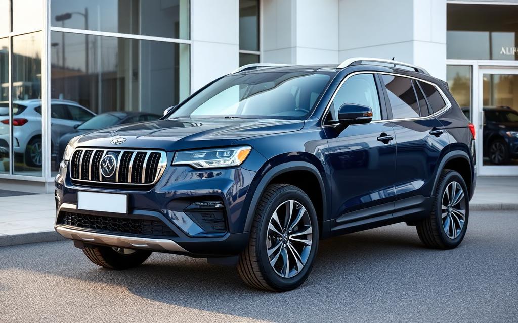 Dark blue family SUV outside a dealership showroom