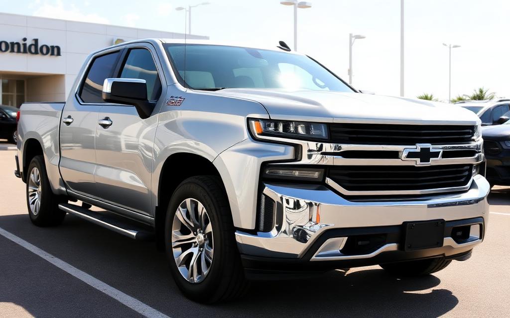 Silver pickup truck parked on a dealership lot